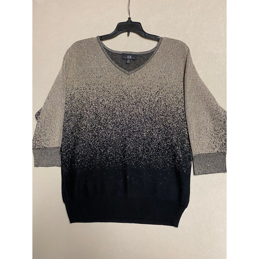 AGB Petite Womens PXL Gold Black Ombre Metallic Lurex V-Neck 3/4 Sleeve Sweater